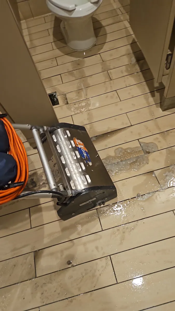 Tile and grout scrubber in a bathroom