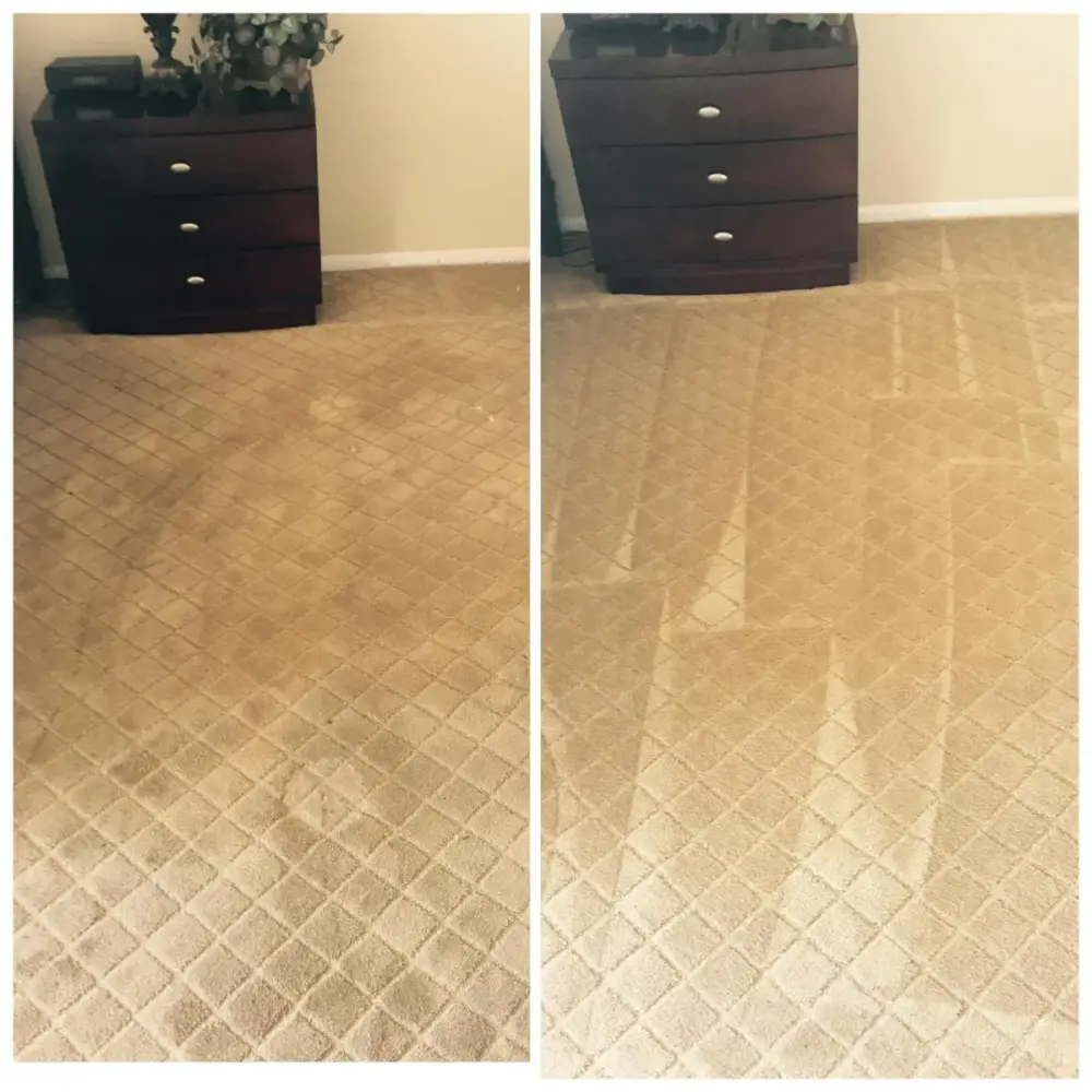 Before and after deep cleaning of bedroom carpet