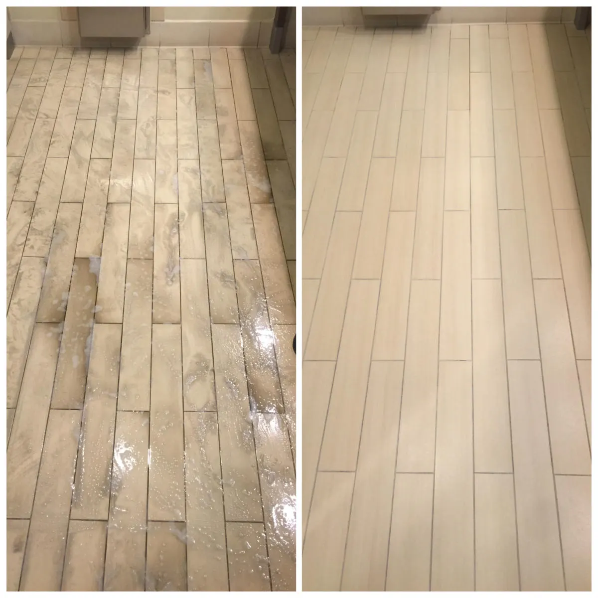 Wood-look porcelain tile before and after cleaning