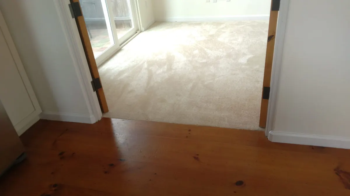Clean carpet at a bedroom doorway next to hardwood floors