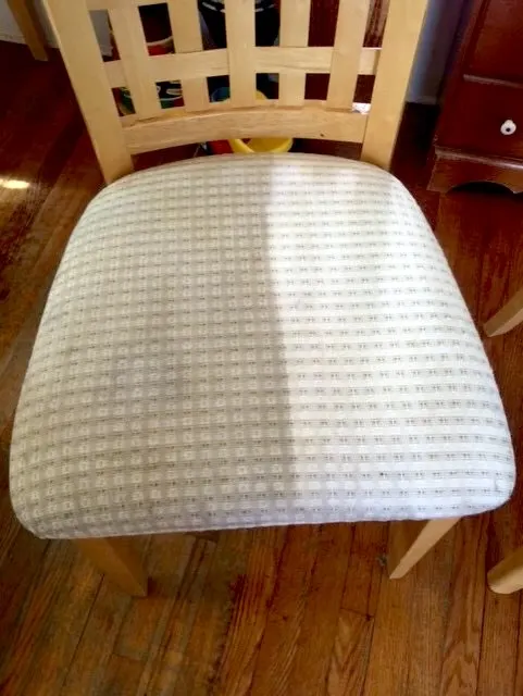 Dining chair seat half cleaned, before and after