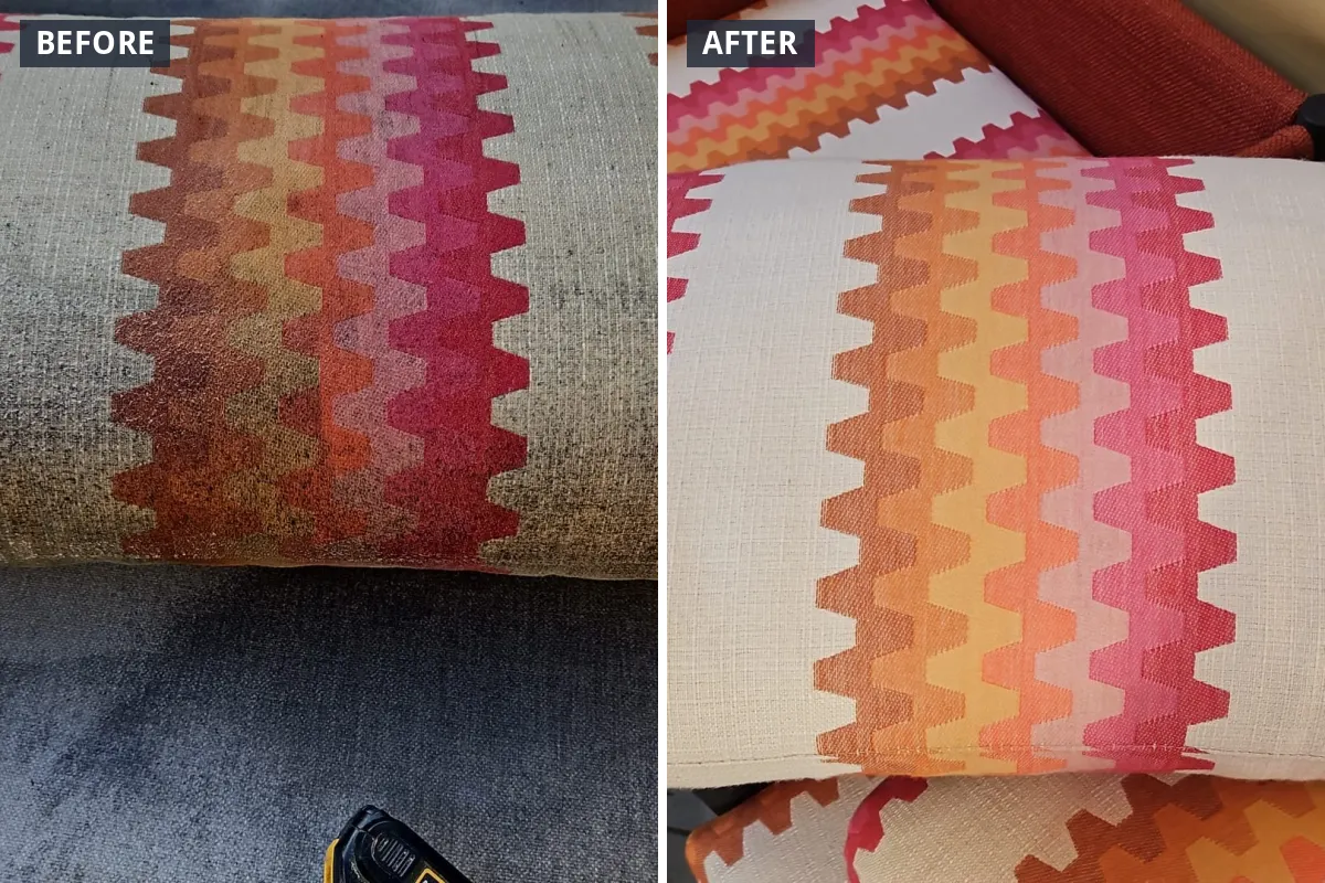 Patterned cushion with stains before and after cleaning