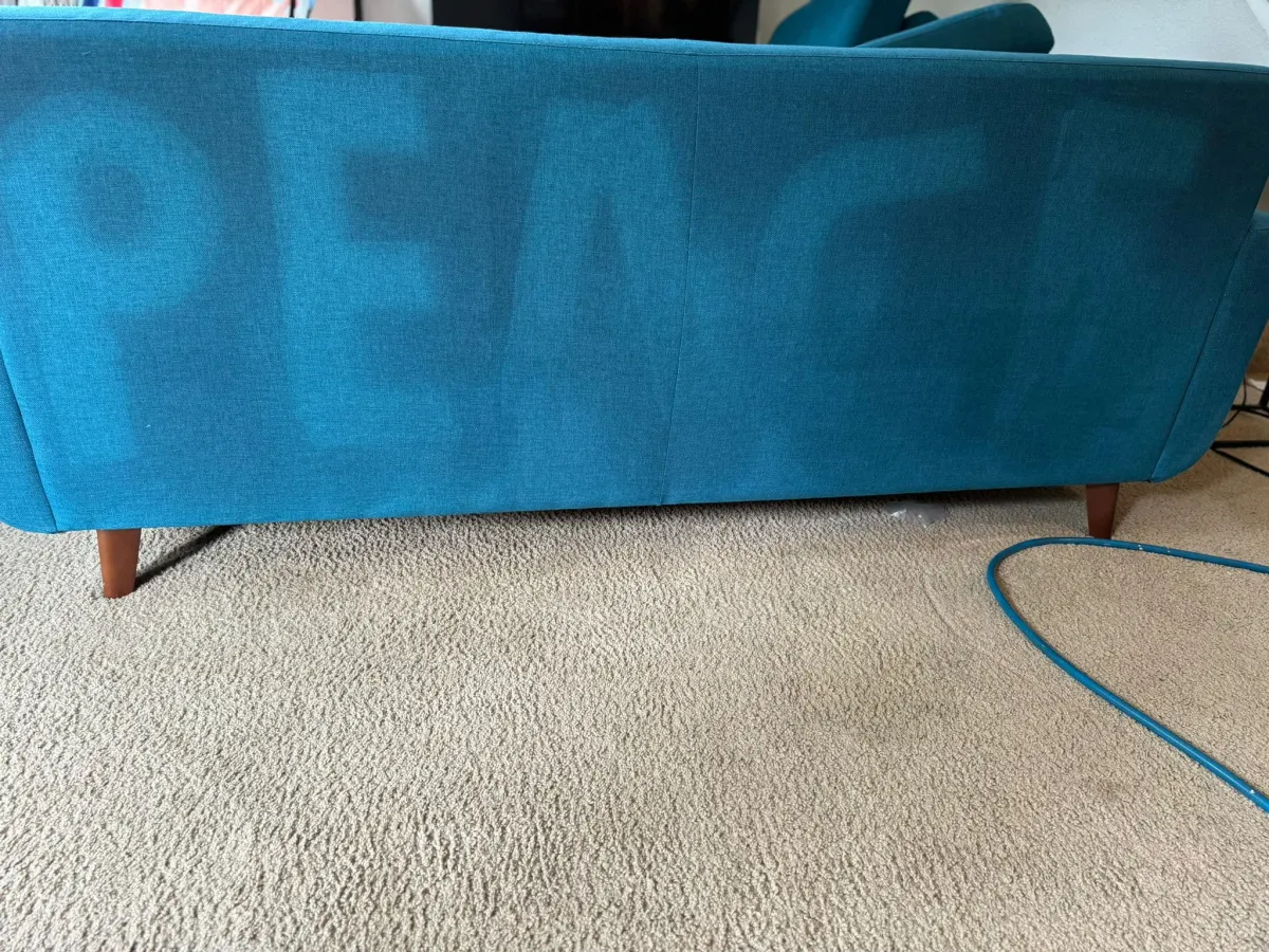 “PEACE” cleaned into the back of a teal sofa