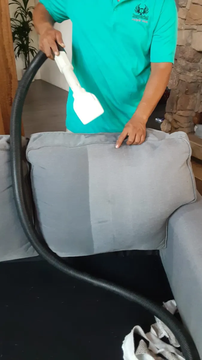 Technician cleaning a gray sofa cushion, clean half next to dirty half